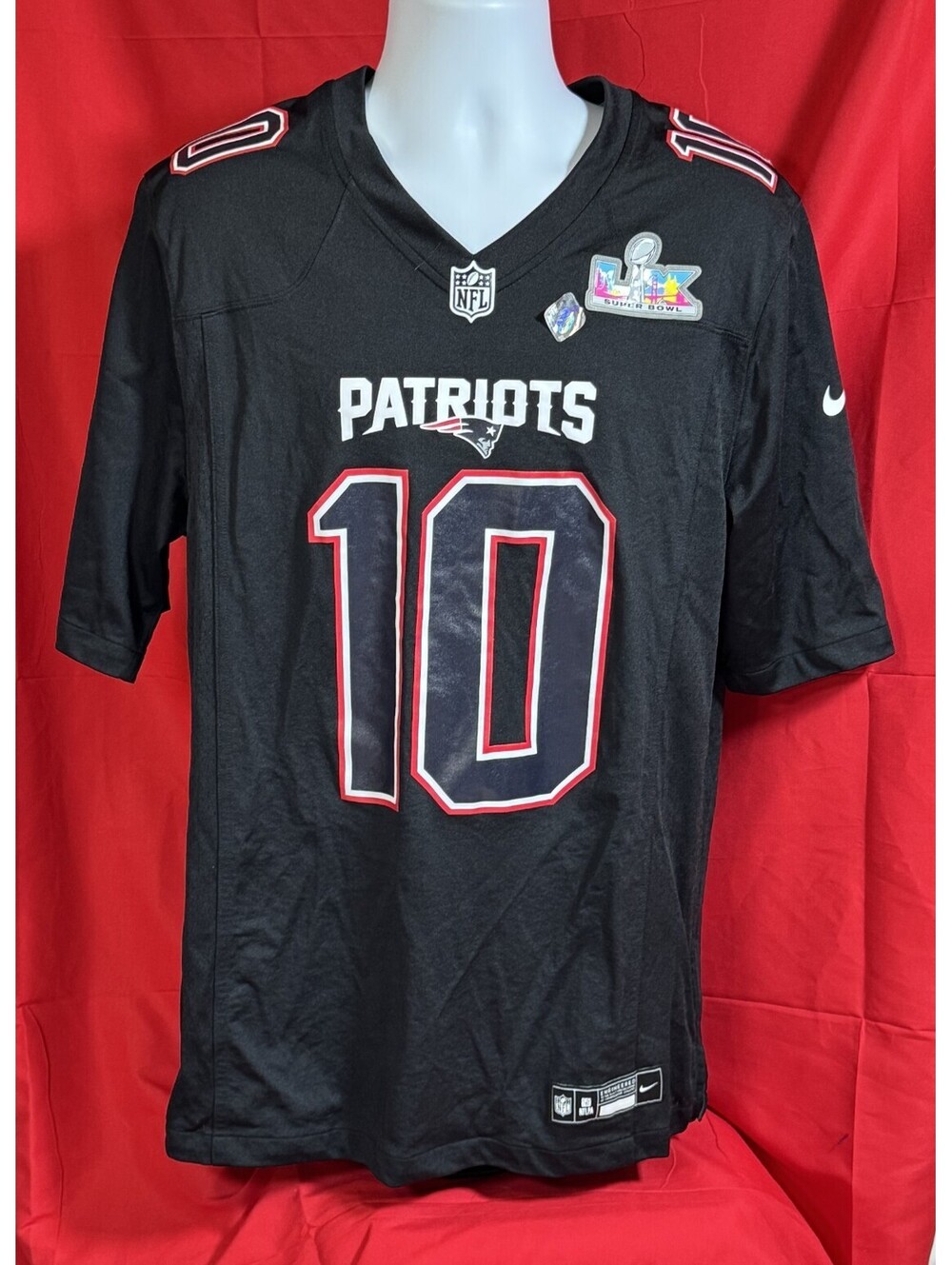 Nike New England Patriots Drake Maye Black Jersey Super Bowl Patch Youth M NWT